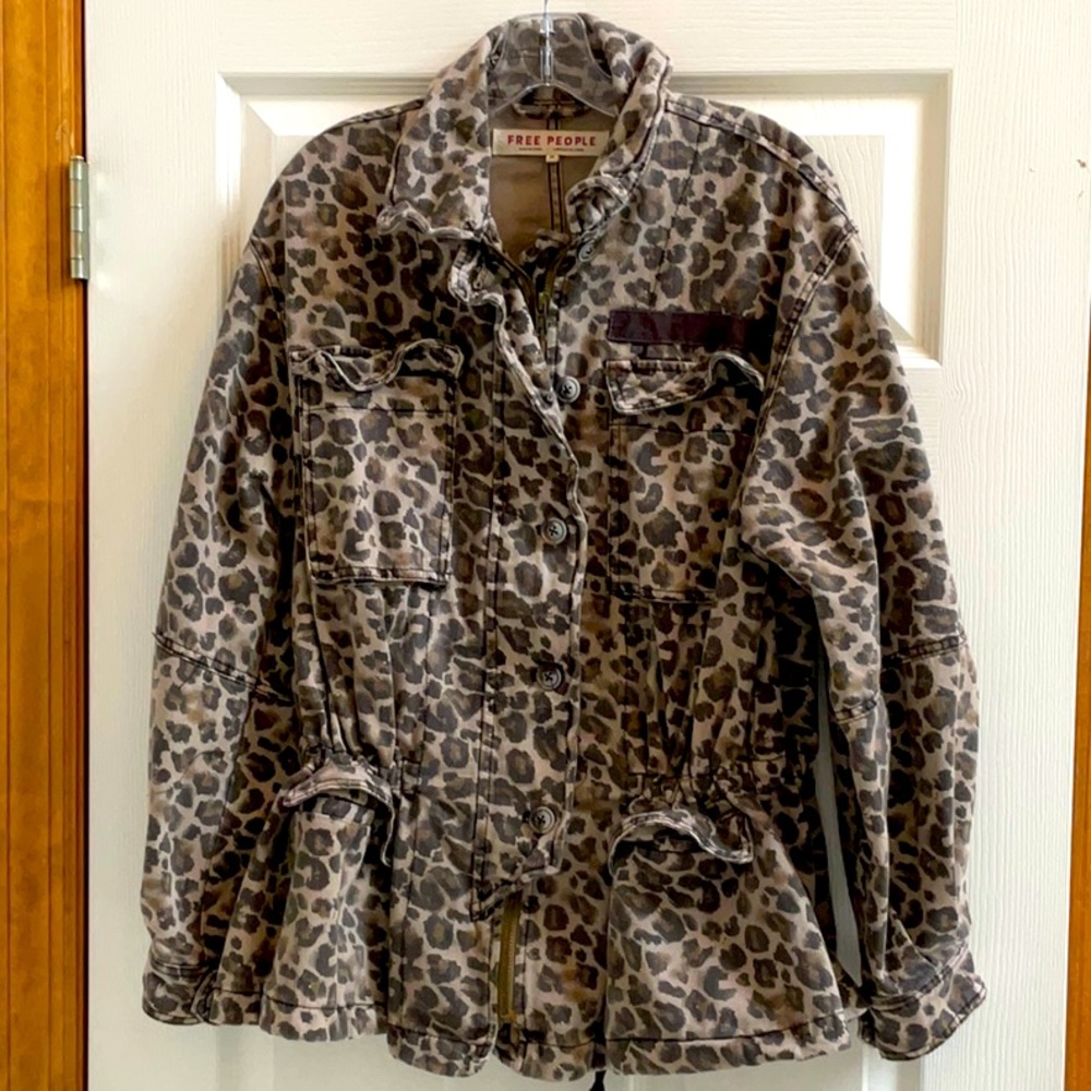 Free People Seize The Day Leopard Print Twill Utility Jacket Brown Tan- Size XS